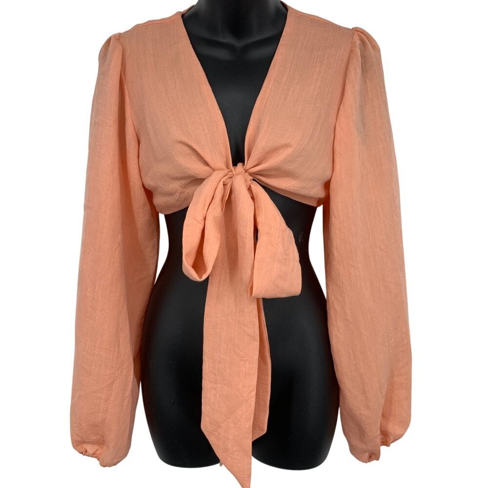 Alice Elle Coral Long-Sleeve Tie-Front Crop Top Size 10 Lightweight Linen New